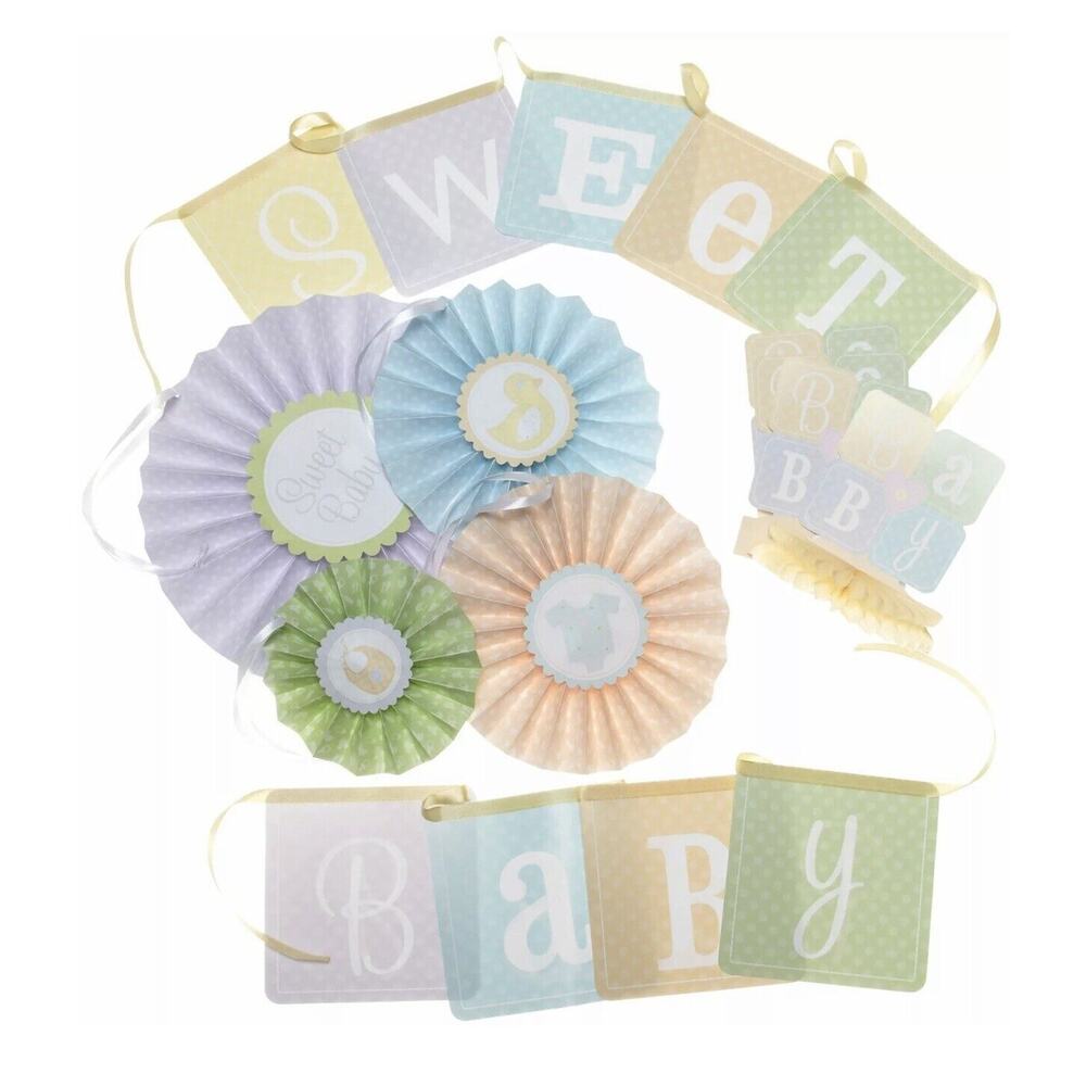Wilton Baby Shower Decor Kit Unisex Polka Dot‎ Pastel Garland Pinwheels